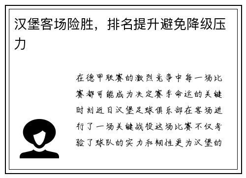 汉堡客场险胜，排名提升避免降级压力
