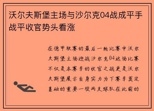 沃尔夫斯堡主场与沙尔克04战成平手战平收官势头看涨